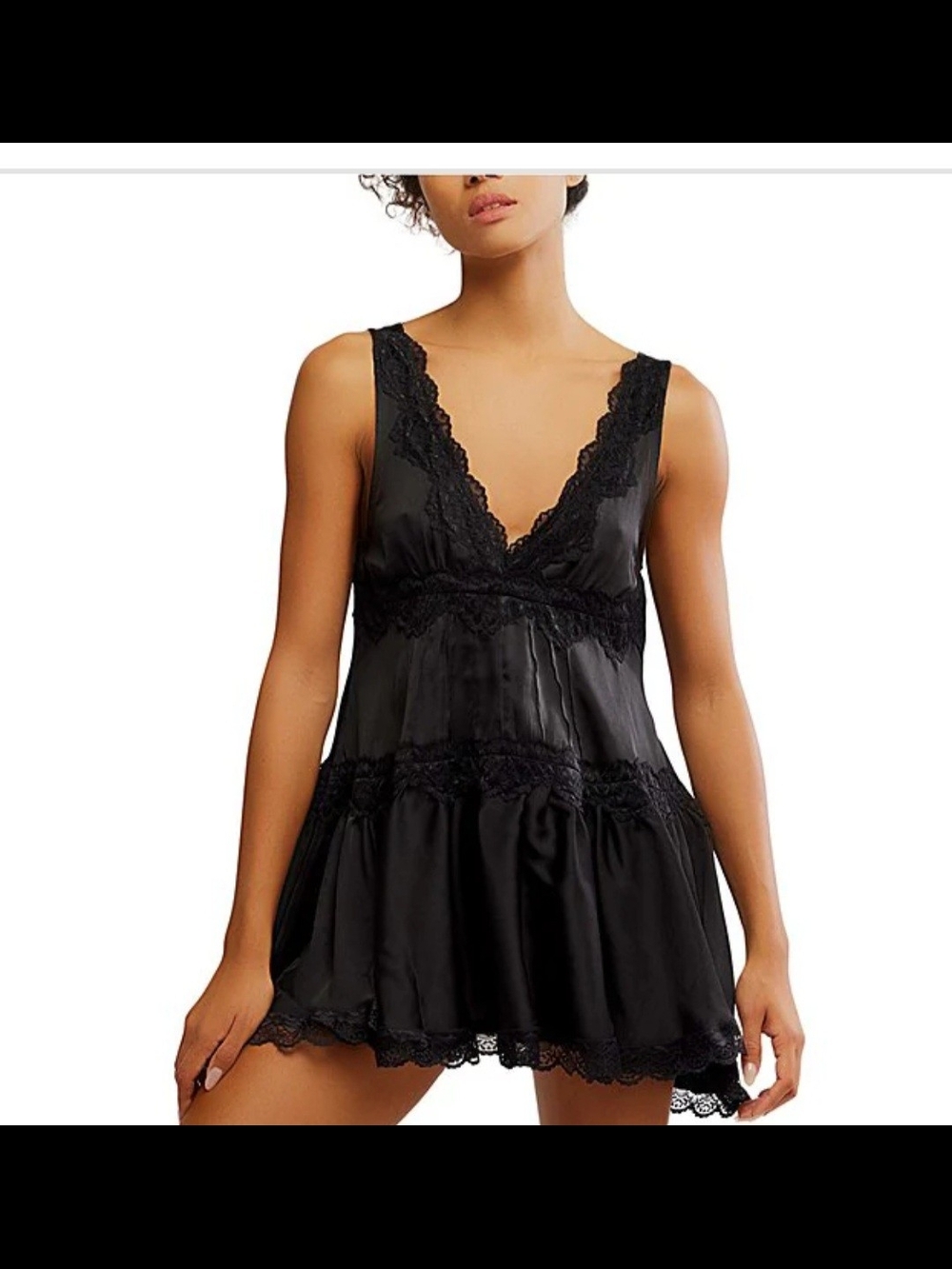 Free People In This Groove Lace Trim V-Neck Sleeveless Tiered Mini Slip Dress